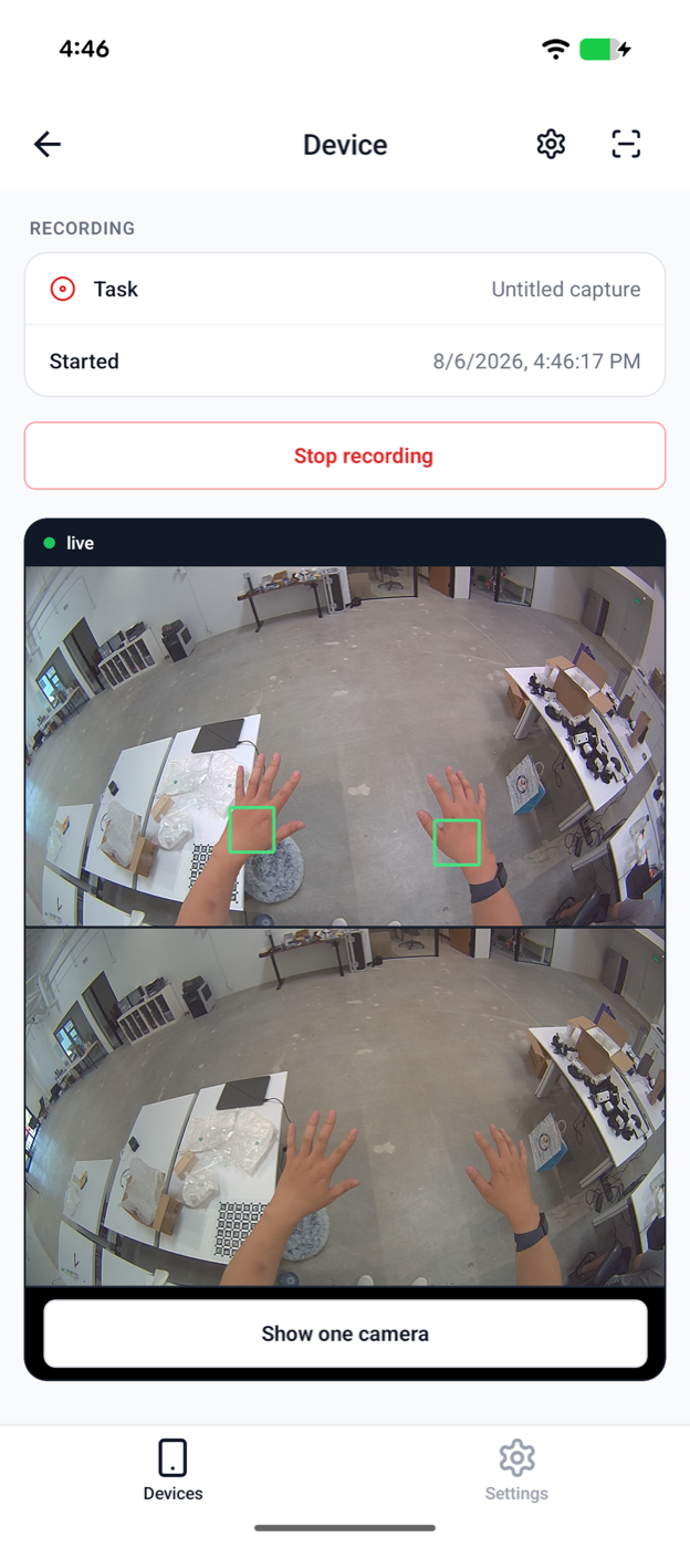 Companion app showing a live dual-camera preview with hand-detection overlay